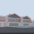Modern School Building With Large Glass Windows Red Accents And Spacious Square