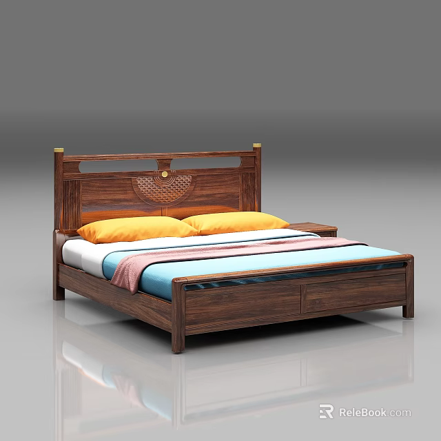 Wooden Double Bed With Carved Headboard Yellow Pillows Colorful Quilt And Nightstand 3d model 