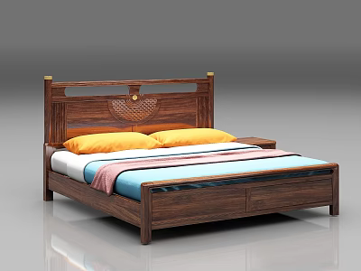 Wooden Double Bed With Carved Headboard Yellow Pillows Colorful Quilt And Nightstand 3d model