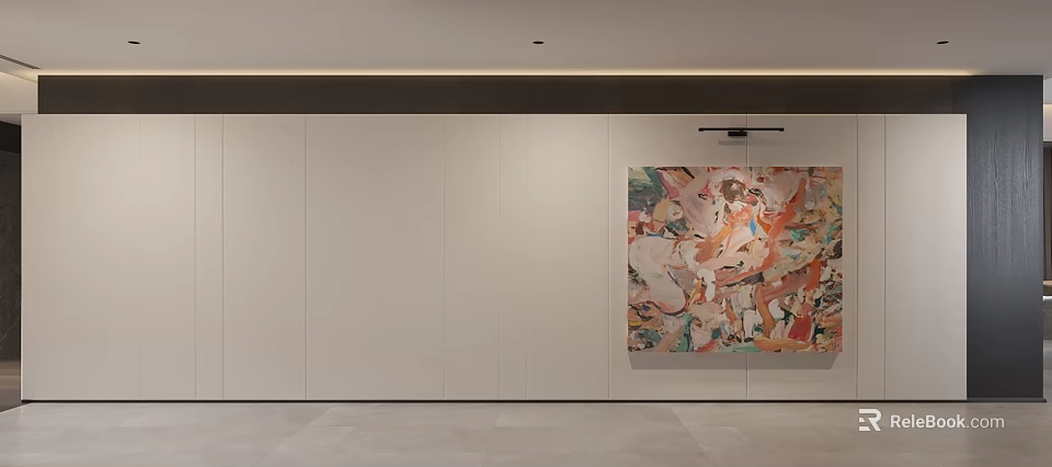 Modern Interior Space With Abstract Painting On Light Colored Wall And Tile Floor 3d model