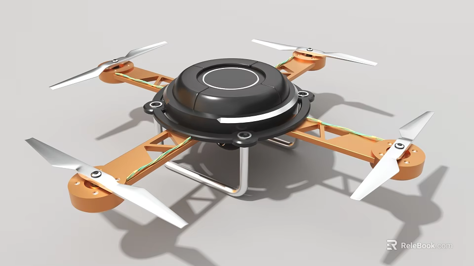 Industrial Drone Equipment With Four Propellers Orange Frame And Black Top 3d model 