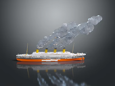 Ship With White And Orange Hull Three Yellow Funnels Emitting Gray Smoke And Water Reflection 3d model