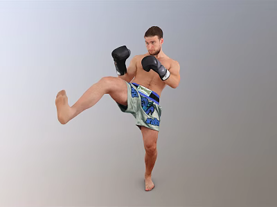 Man Performing High Kick In Boxing Gloves And Sports Shorts During Training 3d model