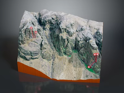 Stone Mountain Model With Wood Base And Red Markers On Rock Surface 3d model