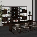 Wooden Tea Table With Matching Chairs And Traditional Bookshelf With Tea Sets And Green Plants
