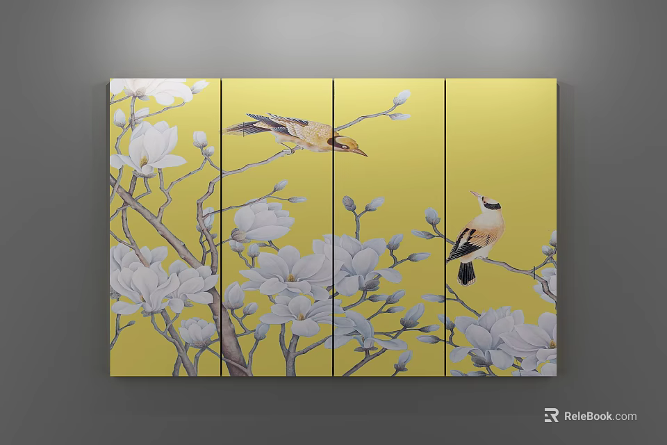 Four Panel Plant Painting Featuring Yellow Background White Magnolia Flowers And Birds 3d model 