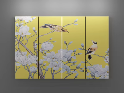 Four Panel Plant Painting Featuring Yellow Background White Magnolia Flowers And Birds 3d model