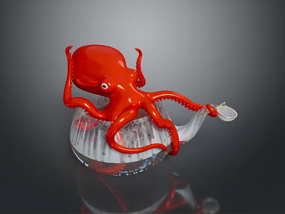 Red Octopus In Transparent Container With Ice Holding Small Net 3d model
