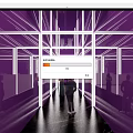 Elevator Hallway with Purple Illuminated Lines and Mirror Surfaces Where People Walk Through Modern Design