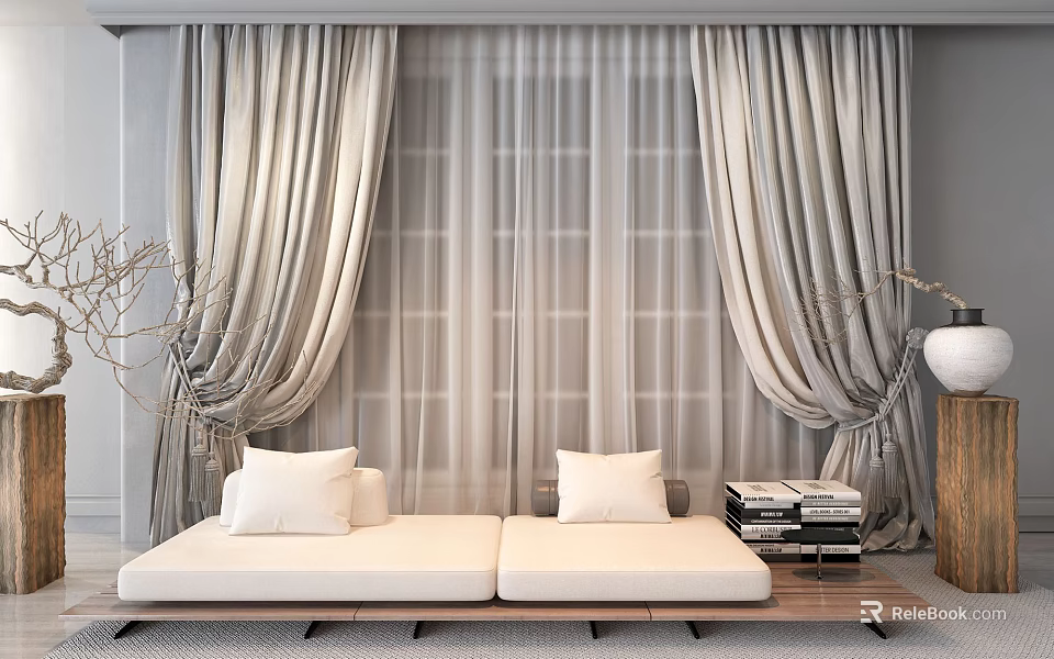Luxurious Gray Linen Curtains With Sheer Panels And Modern Sofa Cushions Near Books 3d model 