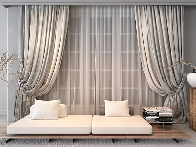 Luxurious Gray Linen Curtains With Sheer Panels And Modern Sofa Cushions Near Books 3d model