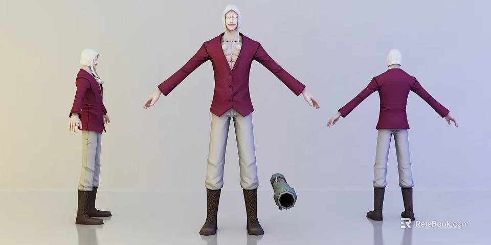Game Movie Character 3D Model Maroon Blazer Light Colored Pants Brown Boots with Cannon Prop 3d model 