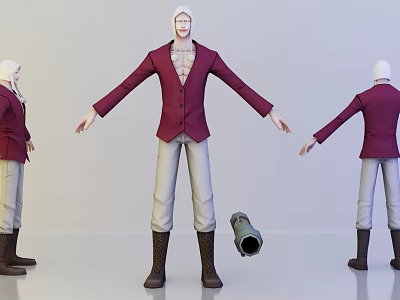 Game Movie Character 3D Model Maroon Blazer Light Colored Pants Brown Boots with Cannon Prop 3d model