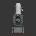 Gray Mechanical Military Turret Device With White Cylindrical Top Black Barrel And Red Circle Base
