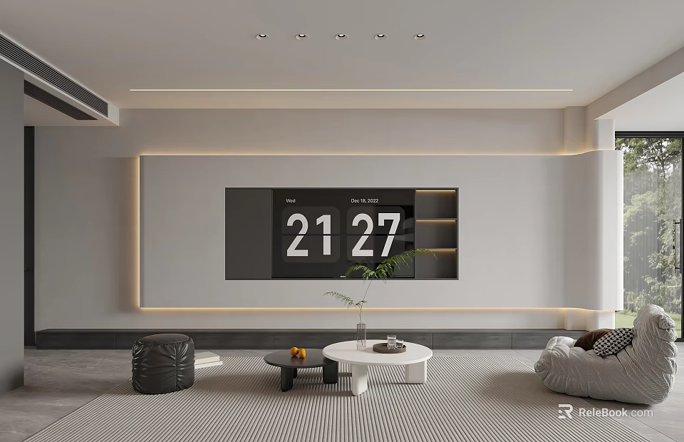 Modern Minimalist Living Dining Room Interior Design With Wall Clock Sofa And Coffee Tables 3d model 