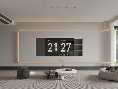 Modern Minimalist Living Dining Room Interior Design With Wall Clock Sofa And Coffee Tables 3d model