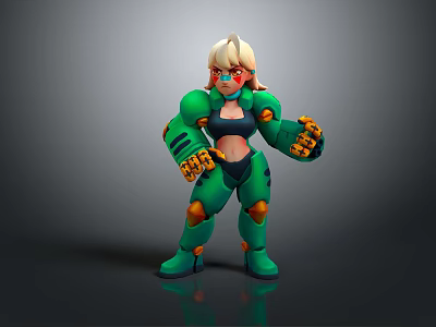 Cartoon Style Game Movie Character With Blonde Hair Green Mecha Armor And Red Goggles 3d model