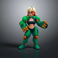 Cartoon Style Game Movie Character With Blonde Hair Green Mecha Armor And Red Goggles