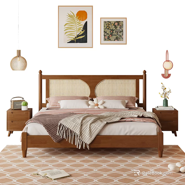 Cozy Double Bed With Woven Headboard Wooden Frame Nightstands Wall Art Pendant Lights And Rug 3d model 