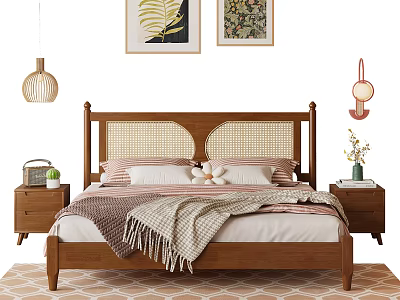 Cozy Double Bed With Woven Headboard Wooden Frame Nightstands Wall Art Pendant Lights And Rug 3d model