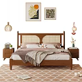 Cozy Double Bed With Woven Headboard Wooden Frame Nightstands Wall Art Pendant Lights And Rug