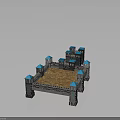 Medieval Castle Fortress With Gray Walls Blue Tower Tops Square Courtyard And Brown Ground