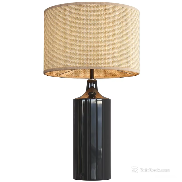 Modern Black Ceramic Cylindrical Table Lamp With Beige Woven Round Shade 3d model