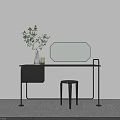 Modern Minimalist Dressing Table with Octagonal Mirror Stool and Green Plant Vase 3d model