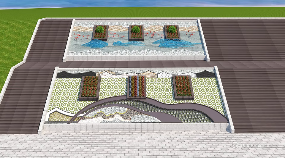 Decorative Building Exterior Wall With Green Plants And Patterned Tiles Design 3d model