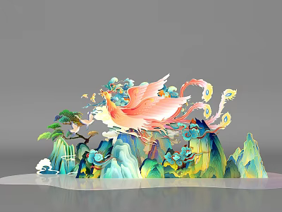 Colorful Phoenix Decorative Landscape With Mountains Clouds And Pine Trees 3d model