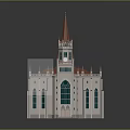 Gothic Style Cathedral Building With Red Spire And Stained Glass Windows