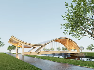 Modern Curved Landscape Bridge in Park With Green Grass Trees and Water View 3d model