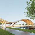 Modern Curved Landscape Bridge in Park With Green Grass Trees and Water View