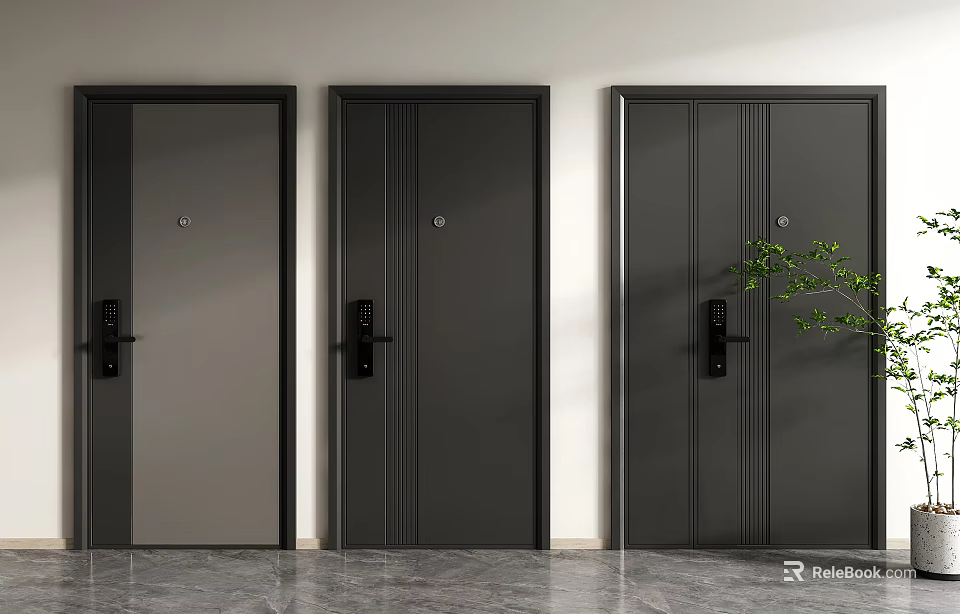 Three Modern Dark Security Doors Featuring Stylish Handles And Panel Designs 3d model