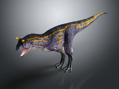 Realistic 3D Dinosaur Model With Purple Yellow Stripes Horned Head Open Mouth And Gray Background 3d model