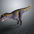 Realistic 3D Dinosaur Model With Purple Yellow Stripes Horned Head Open Mouth And Gray Background