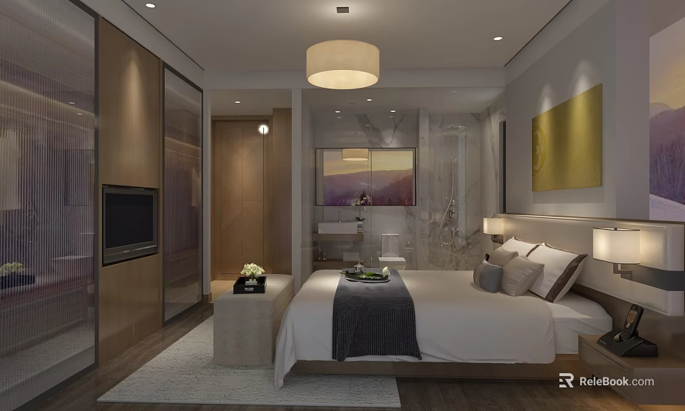 Modern Hotel Guest Room Interior Featuring Comfortable Bed Wall Art And Wooden Decor 3d model 