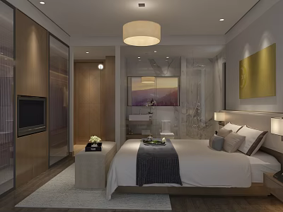 Modern Hotel Guest Room Interior Featuring Comfortable Bed Wall Art And Wooden Decor 3d model