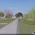 Beautiful Park Landscape With Stone Walkway Green Lawn Colorful Flowers And Trees