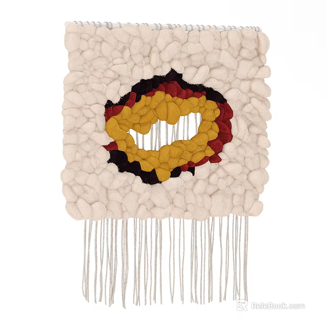 Sculptural Artistic Rug With Handwoven Textured Beige Base Yellow Red Black Abstract Patterns And Tassels 3d model 