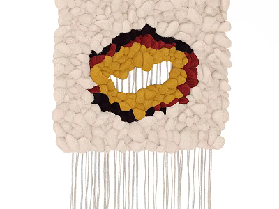 Sculptural Artistic Rug With Handwoven Textured Beige Base Yellow Red Black Abstract Patterns And Tassels 3d model