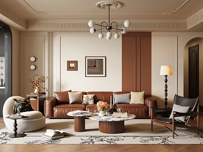 Warm Living Room With Brown Leather Sofa Marble Coffee Table And Elegant Chandelier 3d model