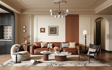 French Middle Style Living Room French Middle Style Sofa Combination French Vintage Living Room Leather Sofa Three-Seat Sofa French Middle Style Leisure Chair French Middle Style Coffee Table 3d model