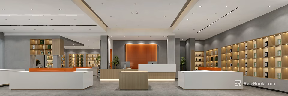 Modern Specialty Store Interior With Orange Accent Wall Wooden Reception Desk Green Plants And Shelves 3d model 