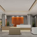 Modern Specialty Store Interior With Orange Accent Wall Wooden Reception Desk Green Plants And Shelves