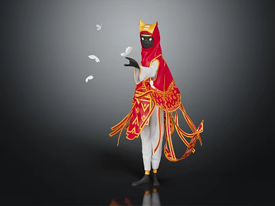 Costumed Figure In Red Gold Attire With Golden Headdress Holding White Bird And Floating Feathers 3d model