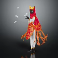 Costumed Figure In Red Gold Attire With Golden Headdress Holding White Bird And Floating Feathers