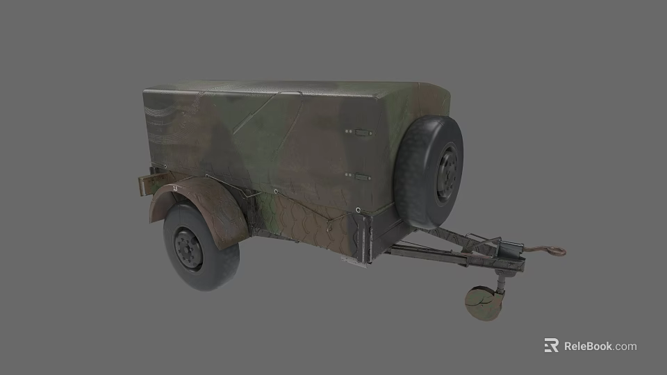 Camouflage Painted Industrial Trailer With Heavy Duty Wheels And Towing Hitch 3d model 