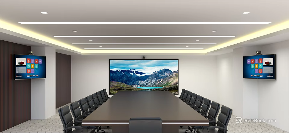 Modern Meeting Room With Long Conference Table Black Chairs Large Screen And Mountain Landscape 3d model 