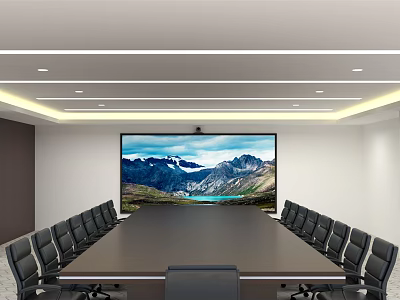 Modern Meeting Room With Long Conference Table Black Chairs Large Screen And Mountain Landscape 3d model